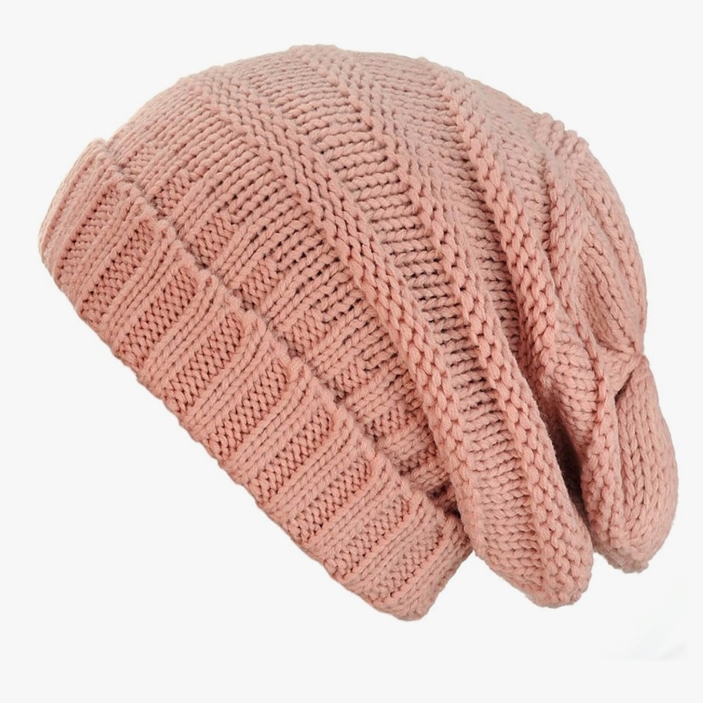 CC Indi Pink Knit Beanie, Wrinkled Beanie Cap Slouchy Skull Hat, Oversized - Picture 2 of 4